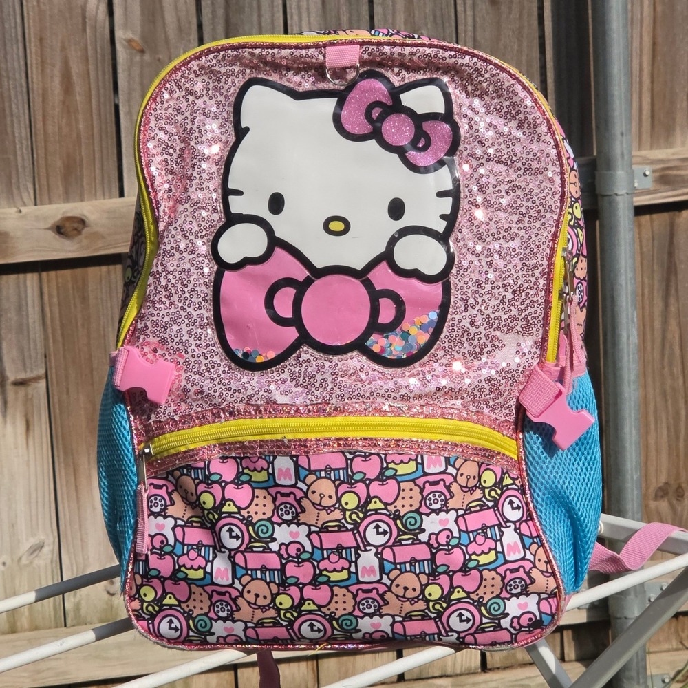 Hello Kitty Pink Sequin Backpack Shaker Bow Sanrio School Bag Blue Pink Multi